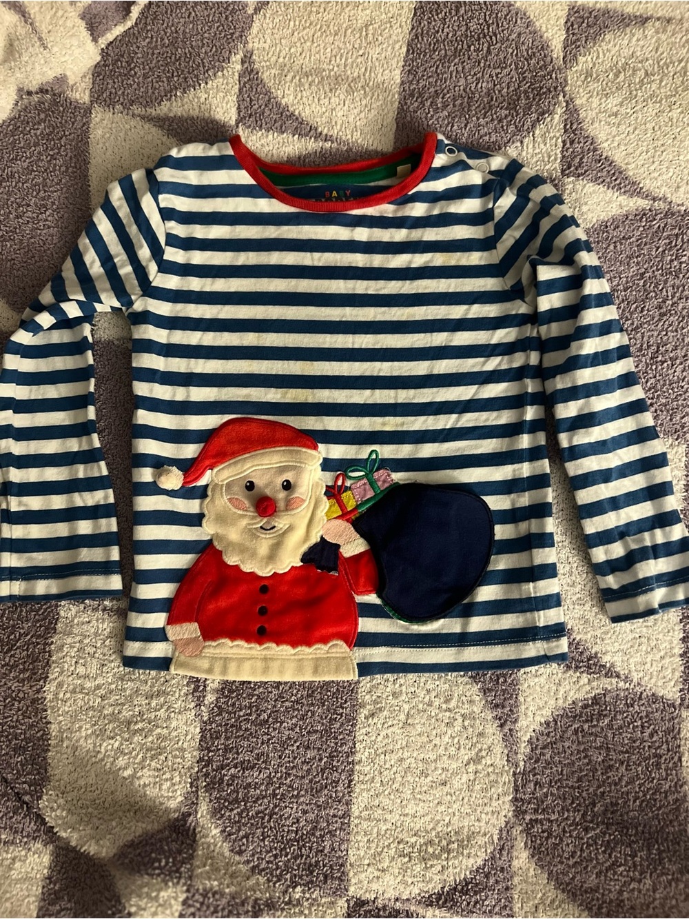 🎅🏼 Mini Boden Striped Blue & White Kids Santa Appliqué Long-Sleeve Top